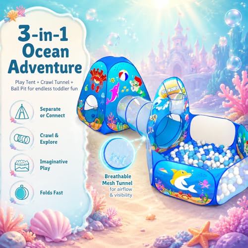 Image of PigPigPen 3 in 1 Kids Play Tent with Play Tunnel, Ball Pit, Basketball Hoop for Boys & Girls, Toddler Pop Up Playhouse Toy for Baby Indoor /Outdoor, Gift for Year Old Child (Ocean 3pc Play Tent)