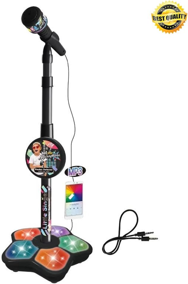 2026 New Star Microphone with Stand, Built-in Music & Colorful Lights, Echo Effects Portable Karaoke Machine, Kid-Friendly Singing Toy for Music Play (Black)