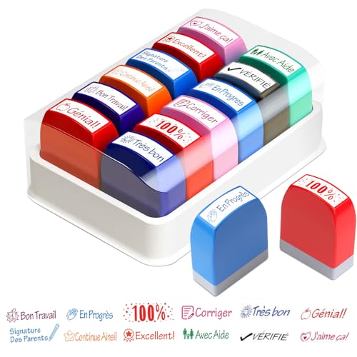 PLLYPE 12 PCS Tampons Enseignants Français, Tampon Encreur Enseignant Français, Tampons Auto Encreur, Tampons Ecole avec Boîte, Tampon-Encreur Enseignant pour Encourager Élèves