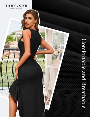 BeryLove Summer Wedding Guest Mesh Dresses Cocktail Formal Bodycon Ruffle Party High Low Dress3