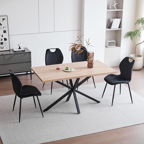 GrandCA HOME Juego de Mesa y Sillas de Comedor, Mesa de Comedor Cuadrada de 140 cm y 4 Sillas de Cocina Tapizadas, Adecuado para Cocinas y Comedores(Veta de Madera Clara + Negro)