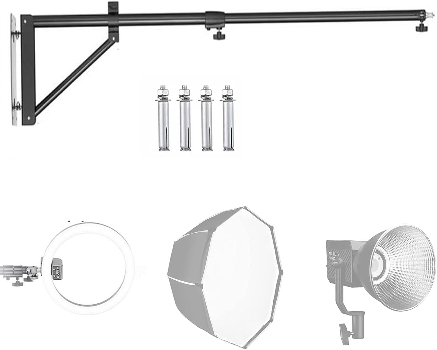Wall Mounting Triangle Boom Arm 51inch/130cm, 180° Flexible Rotation for Ring Light, Photography Strobe Light, Monolight, Softbox, Umbrella, Reflector (51inch)