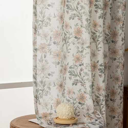 Image of SUOUO Brown Vintage Floral Semi Sheer Curtains Linen Textured for Living Room 96 inches Long Rod Pocket Window Drapes for Dining Bedroom 2 Panels