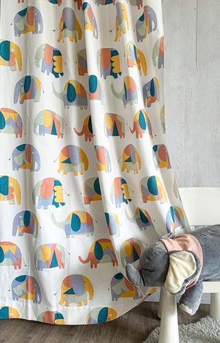 Image of Tranquebar Curtain Co. Kids Room Curtain, Cotton Curtains, 60-65% Room Darkening, Multicolor Elephant Print, Window Curtains 5 Feet, BackTab Loops, Design APU (152 cm) - Set of 2