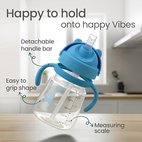 Image of LuvLap Joy Anti Spill Sipper for Kids with Twin Easy-Grip Handles, 270 ml, Sippy Cups with Soft Silicone Straw, Training Cup for Kids,Water Bottle, Non-Toxic & BPA Free, 1 Year+ (Blue)