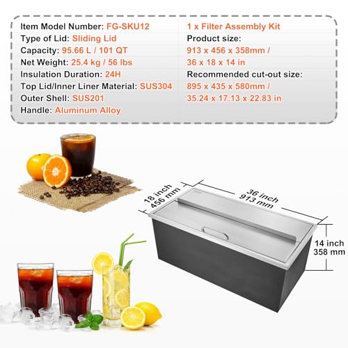 Image of VEVOR Drop in Ice Chest, 36 inchL x 18 inchW x 14 inchH Stainless Steel Ice Cooler, Commercial Ice Bin with Sliding Cover, 40.9 qt Outdoor Kitchen Ice Bar, Drain-pipe and Drain Plug Included, for Cold Wine Beer