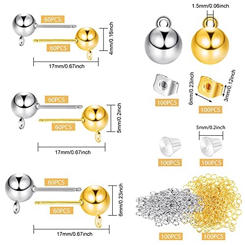 780 Pieces 3 Sizes Ball Post Earring Studs With Loop 4 Mm 5 Mm 6 Mm Round Ball Earring Posts, Butterfly Earring Backs, Silicone Clear Earring Backs, Open Jump Rings For Diy Jewelry (Gold, Silver) #TOP1
