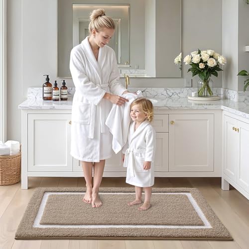 Image of Color&Geometry Extra Soft Bathroom Rugs 44x24, Absorbent Microfiber Bath Rug, Non-Slip Bathroom mat, Washable Plush Bath Mats for Bathroom, Shower, Bathtub, Laundry, Khaki White