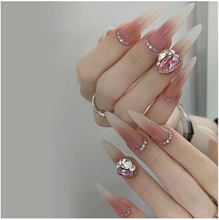 24Pcs Long Stiletto Press On Nails Set Cat's Eye French Design Flower False Nails Tips DIY Manicure(Y5)