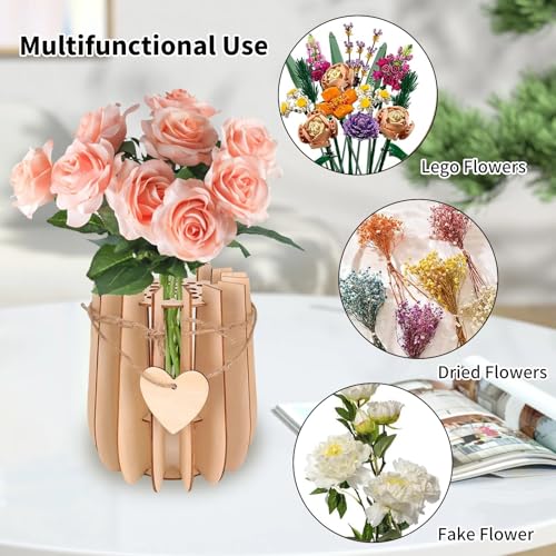 Image of Wooden Vase Compatible for Lego Flowers Bouquet, 3D Wooden Puzzle Vase with Lego Botanicals, Roses, Sunflowers, Tulips, Cherry Blossoms, Daffodils, Lotus