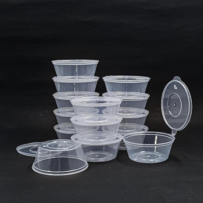 Image of Catloom | Pack of 50 | - 50ml Mini Container with Attached Lids | Reusable Food Container | Transparent Small Disposable Containers for Food, Sauce, Chutney, Samples (Transparent +Attached Lids)