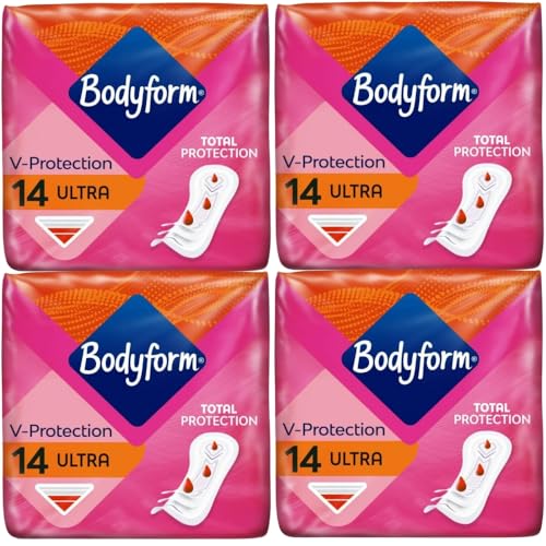 Bodyform Ultra V-Protection Regular Flow, absorção rápida com asas (14 peças) x embalagem de 4
