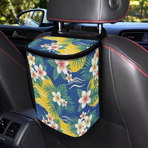 Image of Talayituse Plumeria Palm Leaf Print Car Trash Bin, Large Size Auto Trash Can Adjustable Portable Garbage Can with Lid, Vehicle Hanging Bag for Headrest Front Back Seat
