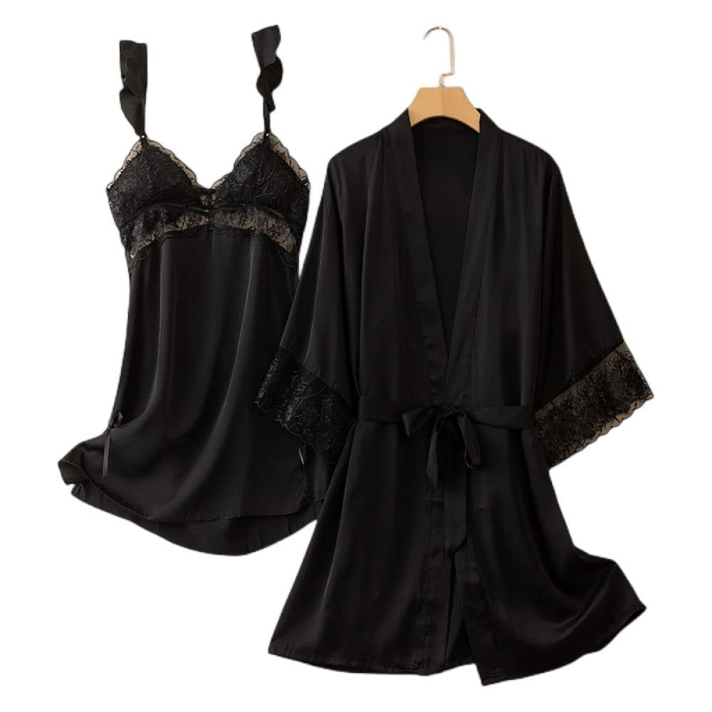 Pigiama Raso Donna,2 Pezzi Set Accappatoio Kimono In Raso Con Volant Sexy Pizzo A Rete Ritaglio Spacco Laterale Camicia Da Notte Senza Schienale Vestaglia Leggera Vestaglia Da Sposa Bademantel Damen