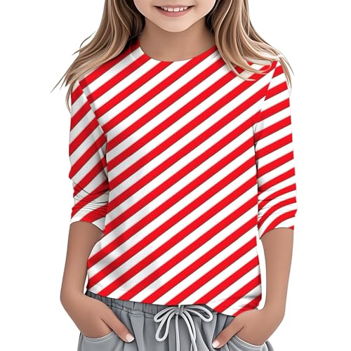 Girls Crewneck T Shirts 3/4 Sleeve Striped Shirts Trendy Graphic Sweatshirt Casual Pullover Kids Basic Tees Fall Tops 3-13T