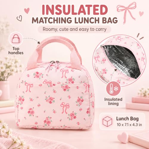 Image of LOIDOU Kids Backpack for Teen Girls Bookbags School Backpack with Lunch Box and Pencil Case 3 in 1 School Bags Set (Flower Bow 2)