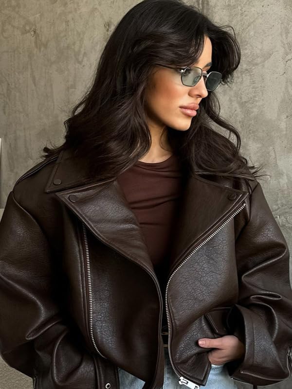 Mandonce Leather Jacket Zip up Oversized Motorcycle Cropped Jacket with Belt Y2K Streetwear Fall Winter Coats for Women 2026 - Image 4