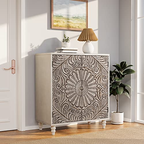 COSIEST 32" W Sideboard Buffet Cabinet with Storage, Accent Cabinet with 2 Push-to-Open Magnetic Doors, Vintage MDF Buffet Table for Living Room, Kitchen, Hallway (Gray,Flower Pattern)
