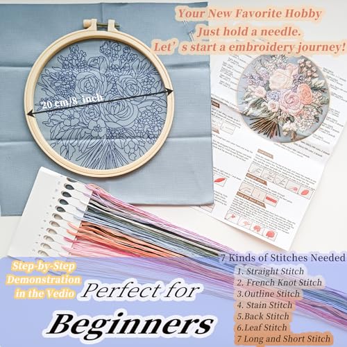 Image of FONNUY Bouquet Flowers Embroidery Kit for Beginners, Pre-Stamped Pattern Kits for Adults with Hoop, Easy to Follow Color Thread Needlework, 8'' Hoop (Captivating Allure)