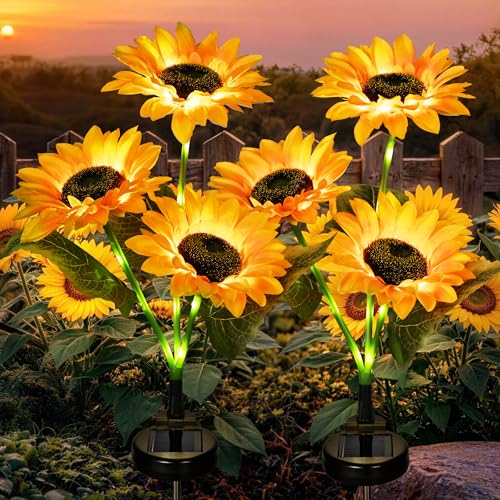 GIGALUMI Solar Garden Lights Artificial Sunflowers LED Garden Decor Carefree Sunflower Solar Lights Outdoor Yard Decorations Outdoor Everlasting Sunflower Decor Gift for Yard Patio (Set of 2)