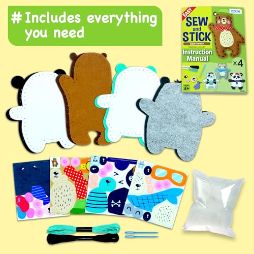 Ezcra Easy Arts And Crafts For Kids - No Mess Sewing Kit For Kids - 4 Easy To Do Bear Sewing Projects - Fun Felt Stickers thumb #2
