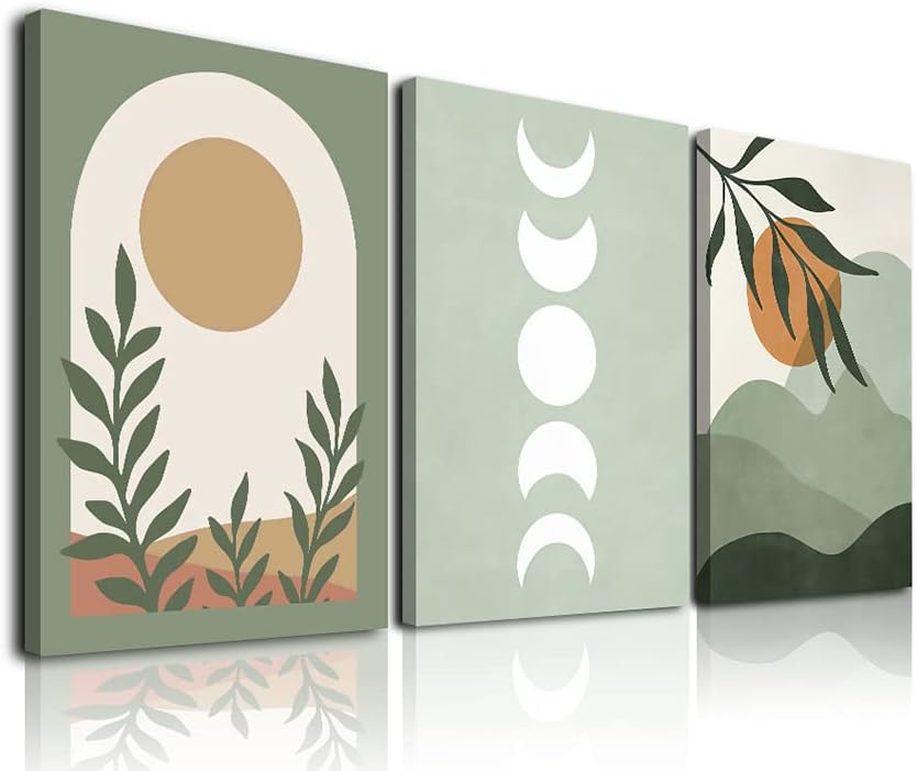 Sage Green Boho Wall Art Set of 3, Boho Room Decor, Mid-Century Modern Wall Art Prints, Framed Neutral Abstract Canvas Prints Green Wall Art Sun Leaf Mountain Minimalist Artwork 12" X 16" for Bathroom