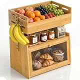 Bamboo Bread Box with Fruit Basket, 2-in-1 Kitchen Countertop Organizer