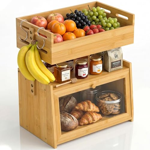 Bamboo Bread Box with Fruit Basket, 2-in-1 Kitchen Countertop Organizer | Vertical storage with acrylic window door, 8 ventilation holes, 2 S-hooks, and middle shelf for jars and essentials