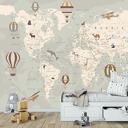 WS Wallpaper Mural Wallpaper World Map with Animal for Girls Boys Bedroom Baby Room Children Wall Art Nursery Wall Decor (Peel and Stick, 148 x 100 in), Multi