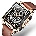 OLEVS Men's Rectangular Watches Black Dial Arabic Numerals Tank Watches for Men Brown Leather Band Fashion Sword Hands Multi-Function Quartz Watch Water Resistant Rose Gold Tone Men Watch with Date