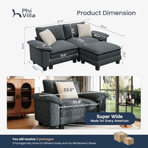 Image of PHI VILLA 87.5 inch Oversized Sectional Loveseat Sofa with 1 Movable Ottoman | Chenille Cyan, Wider Armrest, Comfy Deep Seat, Wood Frame, Modern Cloud Modular Couch for Living Room and Apartment