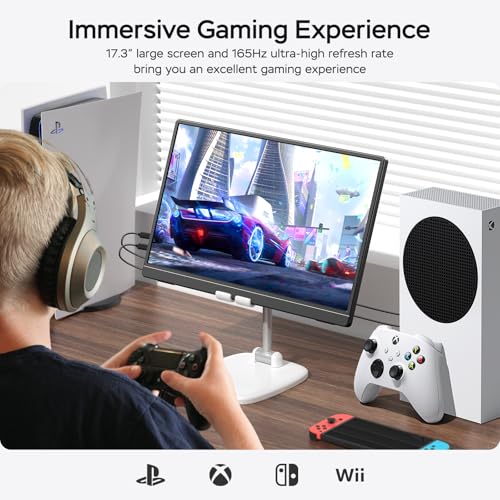 Image of MNN 17.3 inch 2.5K Portable Monitor 165Hz 2560x1440 QHD, 100% sRGB IPS Gaming Monitor, USB-C & HDMI External Display with Kickstand, Slim Semi-Metal Travel Monitor for Laptop, Phone, PS5, Xbox