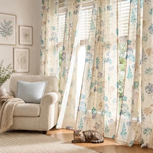 Image of jinchan Floral Linen Curtains 84 Inch Vintage Cottagecore Back Tab 2 Panels