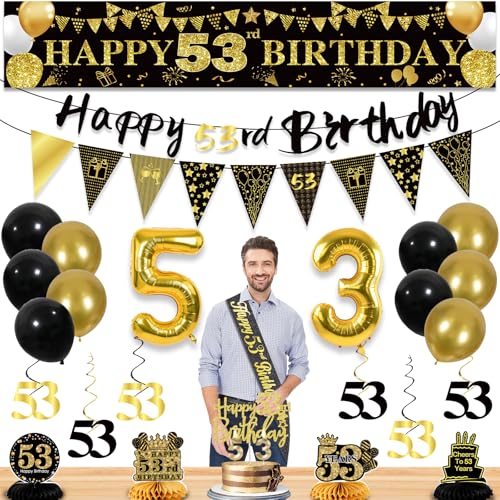 Image of 53rd Birthday Decorations for Men, Black Gold 53rd Party Decoration Kits | 27pcs Happy 53rd Birthday Set, Banner, Honeycomb, Balloons, Gold Number, Candle, Hanging Swirls, Cake Topper, Party Supplies