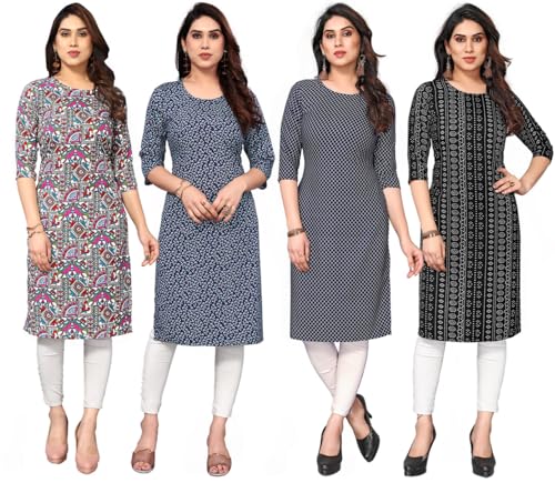 Image of JAKHANA Women's Crepe Printed Casual Straight Calf Length Round Nick Kurta Pack of 4