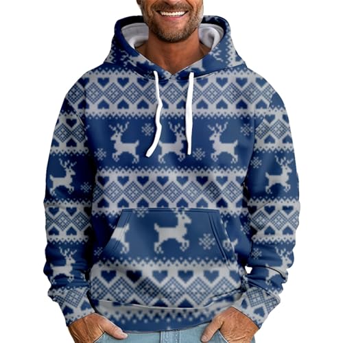 Mens Graphic Hoodies Christmas Elk Printed Hooded Flannel Warm Ugly Christmas Sweatshirt Oversized Unisex Winter Pullover