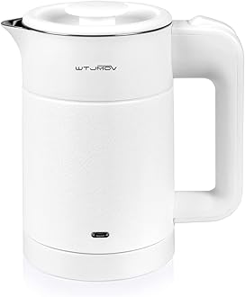 WTJMOV 0.6L Small Electric Tea Kettle Lightweight, 20 Ounce Double Wall Hot Water Boiler Stainless Steel Auto Shut-off, 120V Portable Travel Electric Kettle Fast Boil for Tea and Coffee,White