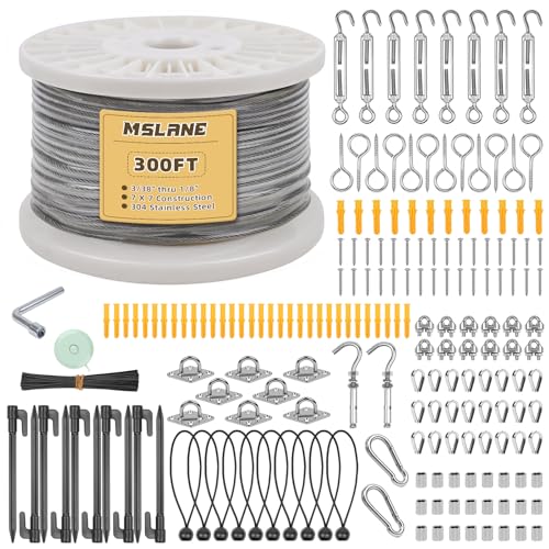 1/8" Wire Rope Kit 300FT Aircraft Cable Vinyl Coated 304 Stainless Steel Wire,7x7 Strand Cable Kit for Outdoor String Lights,Climbing Plants,Pictures,Clothes,Curtain Hanging