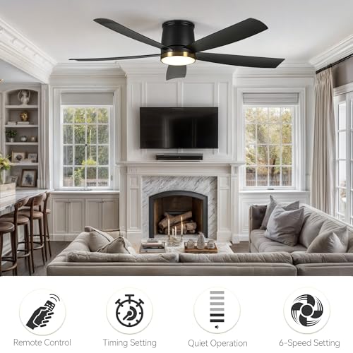 DWVO 52 Inch Ceiling Fans with Lights, Flush Mount Ceiling Fan with Remote Control, 3CCT Dimmable LED, Quiet Reversible DC Motor, 6 Speeds, 5 Blades Ceiling Fan for Bedroom, Living Room, Dining Room