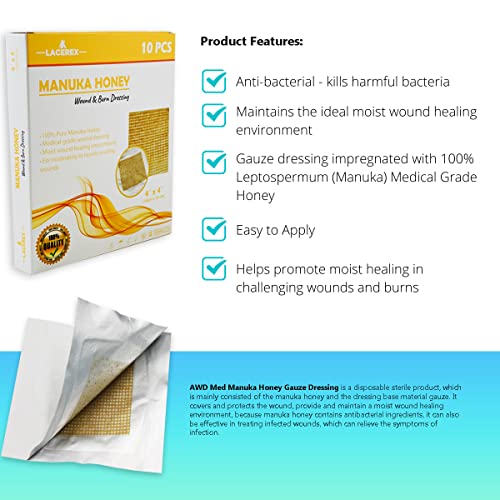 Awd Manuka Honey Gauze Dressing - 100% Impregnated Medical Grade Honey Patches - Medical Supplies, Wound Care, And First Aid - Gauze Pads 10 Count (4"X4") #TOP2