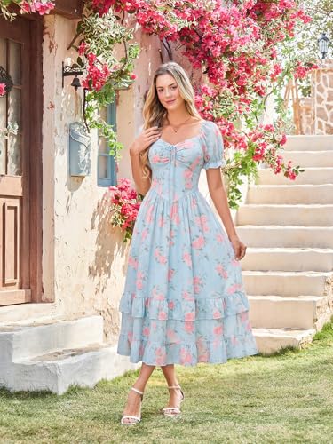 Image of Scarlet Darkness Women Floral Maxi Dress Puff Sleeve Tea Party Corset Dress | Pockets, Ruched Bust, Ruffled Hem, for Cottagecore Fairy Milkmaid Vacation