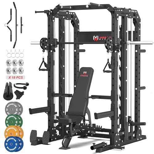 MEGASTAR Smith Machine Home Gym Package with Aluminum Pulley Set - 2000lbs Capacity All-in-One Power Rack with Cable Crossover, Heavy-Duty Home Gym Rack with 18 Attachments, P107 Black