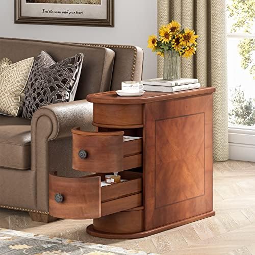 Tribesigns End Table, Sofa Side Table with Storage No Assembly Required, Slim Nightstand with 2 Drawers, Vintage Wood Chairside Bedside Narrow Accent Tables for Living Room Bedroom Couch Office, Brown