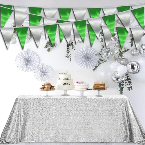 Image of 40M /130FT Green Silver Triangle Pennant Banner Flag Metallic Fabric Bunting Garland for Christmas Graduation Wedding Engagement Anniversary Bachelorette Birthday Bridal Shower Hen Party Supplies