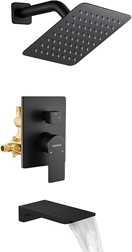 Juego de grifo de ducha con sistema de ducha con boquilla de cascada, juego de grifos de ducha con válvula áspera en la válvula, kit de bañera de