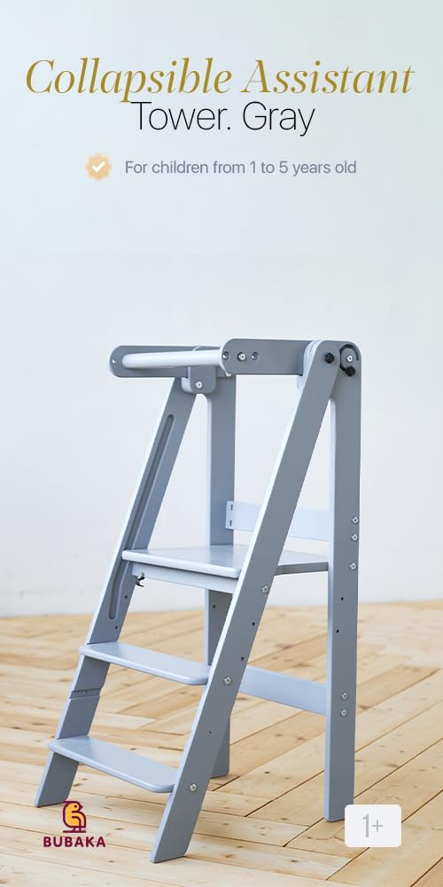 Montessori Wooden Foldable Learning Tower - Adjustable Step Stool, Natural Wooden Kids Furniture, Toddler Gift (Grey, Full Set)