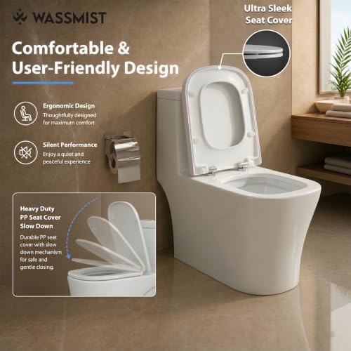 Image of WASSMIST Commode Toilet | Floor Mount One Piece Western Toilet for Bathroom with 10 Year Glaze Warranty | Rimless Tornado Washdown Flush | PP Slow Down Seat Cover | 225 mm S Trap