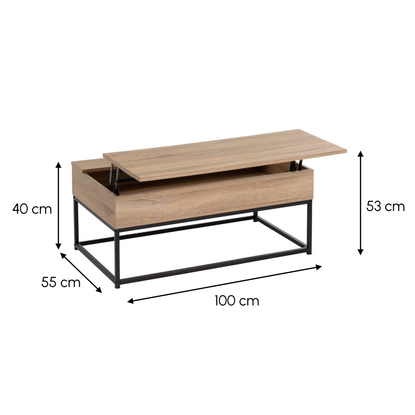 LOLAhome Mesa de Centro Elevable Urban 100x55x40/53 cm con Almacenaje Madera Roble y Metal Negro Mesa Auxiliar Salon Comedor Mesa Baja Industrial para Sofa Comer y Trabajar Portatil
