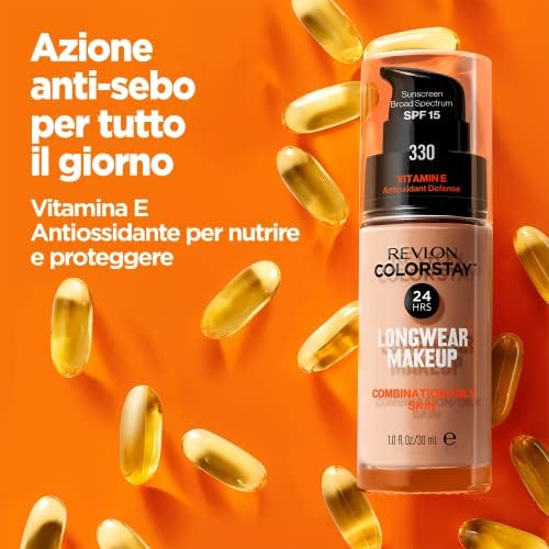 Revlon Color Cosmetics ColorStay Baza do makijażu 24H, do skóry mieszanej/tłustej, formuła wzbogacona witaminą E, SPF 15, wodoodporna (Ton #180 Sand Beżowy) - 30 ml