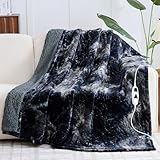 greenoak Heated Electric Blanket Throw, Faux Fur Sherpa Heating Blanket for Sofa Bed, Warm Winter Gift for Adults, Heater Lap Blankets 5-Position Timer &10 Heating Levels 50''*60' Lacquered Black